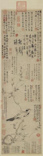 元 张中桃花幽鸟　轴