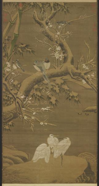 元 人瑞雪仙禽　轴